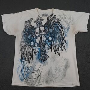 MMA Elite Shirt Mens Large White Griffin Cross Double Sided Graphic Gothic Tee